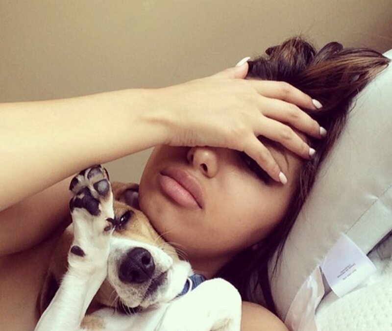Woman with Dog on Bed — Beige