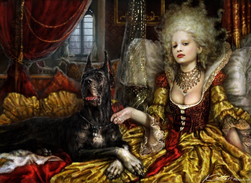 Woman with Dog on Bed — Gold