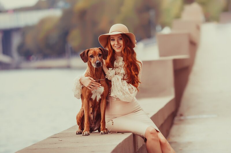 Woman with Dog on Bench — Beige