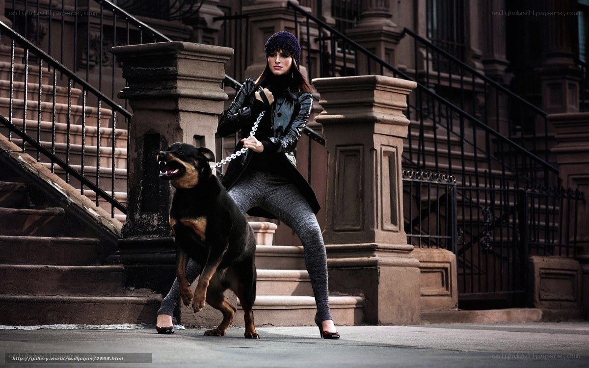 Woman with dog on city stairs