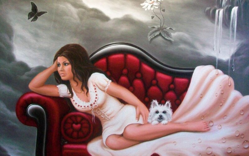 Woman with Dog on Couch — Red