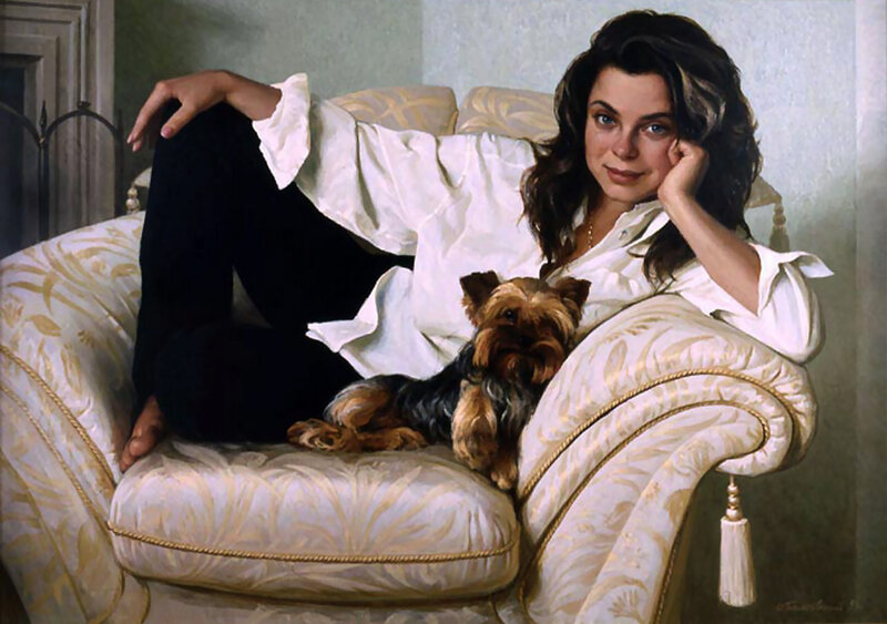 Woman with Dog on Couch — White, Calm