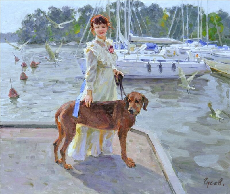 Woman with Dog on Dock — White