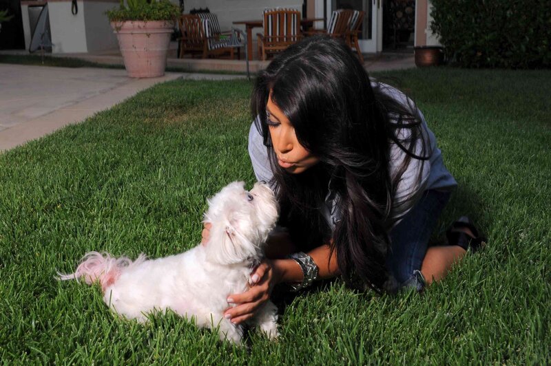 woman with dog on grass