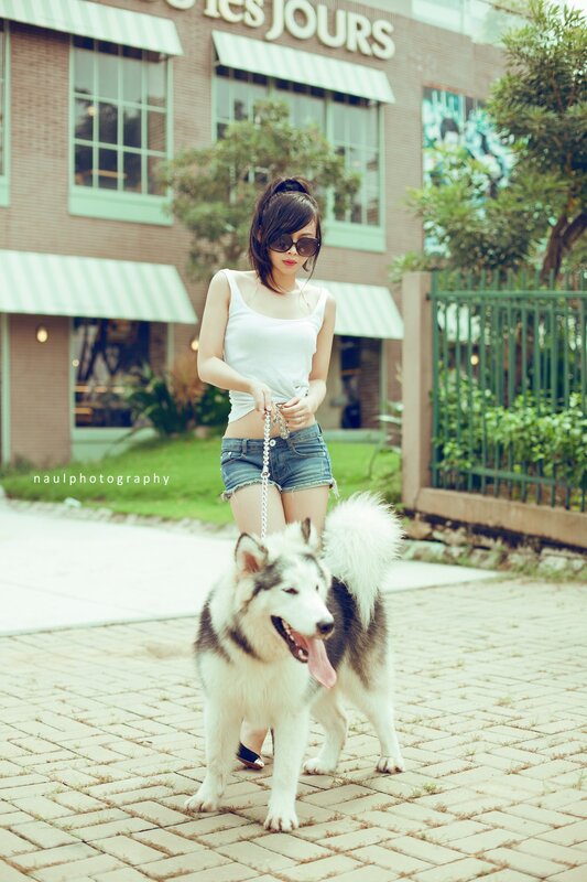 Woman with dog on leash