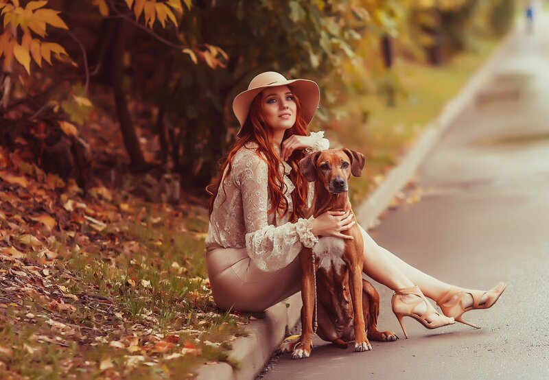 Woman with Dog on Road