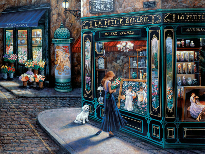 Woman with Dog on Street — Teal, Serene