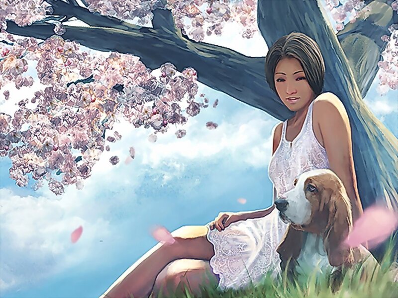 Woman with dog under cherry blossoms