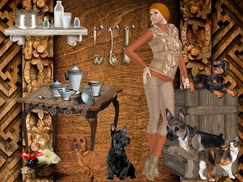 Woman with Dogs in Kitchen