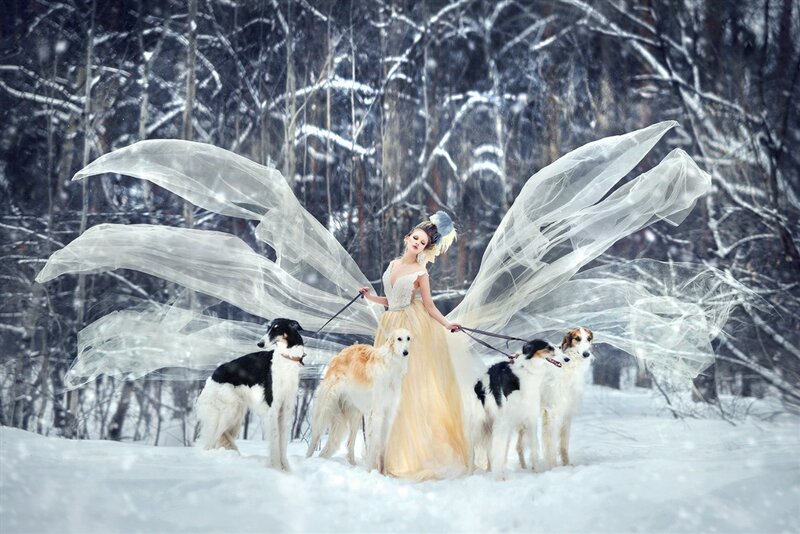 Woman with Dogs in Snow