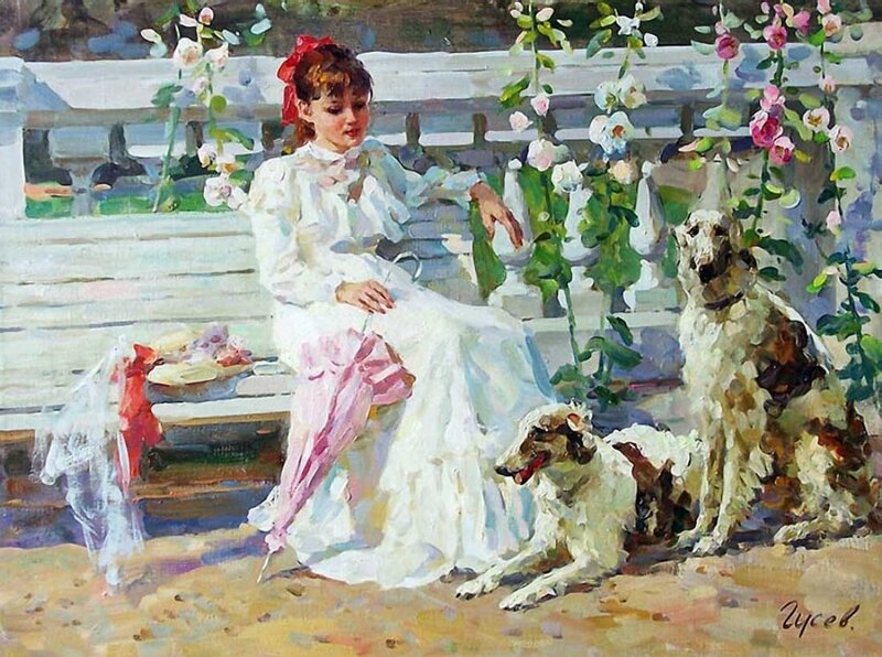 Woman with Dogs on Bench — White