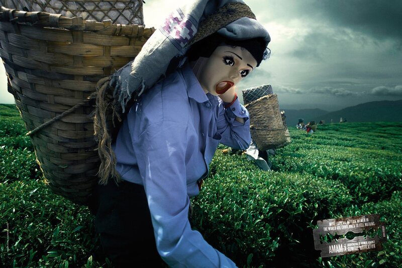 Woman with doll in tea field
