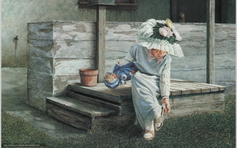 Woman with doll on porch