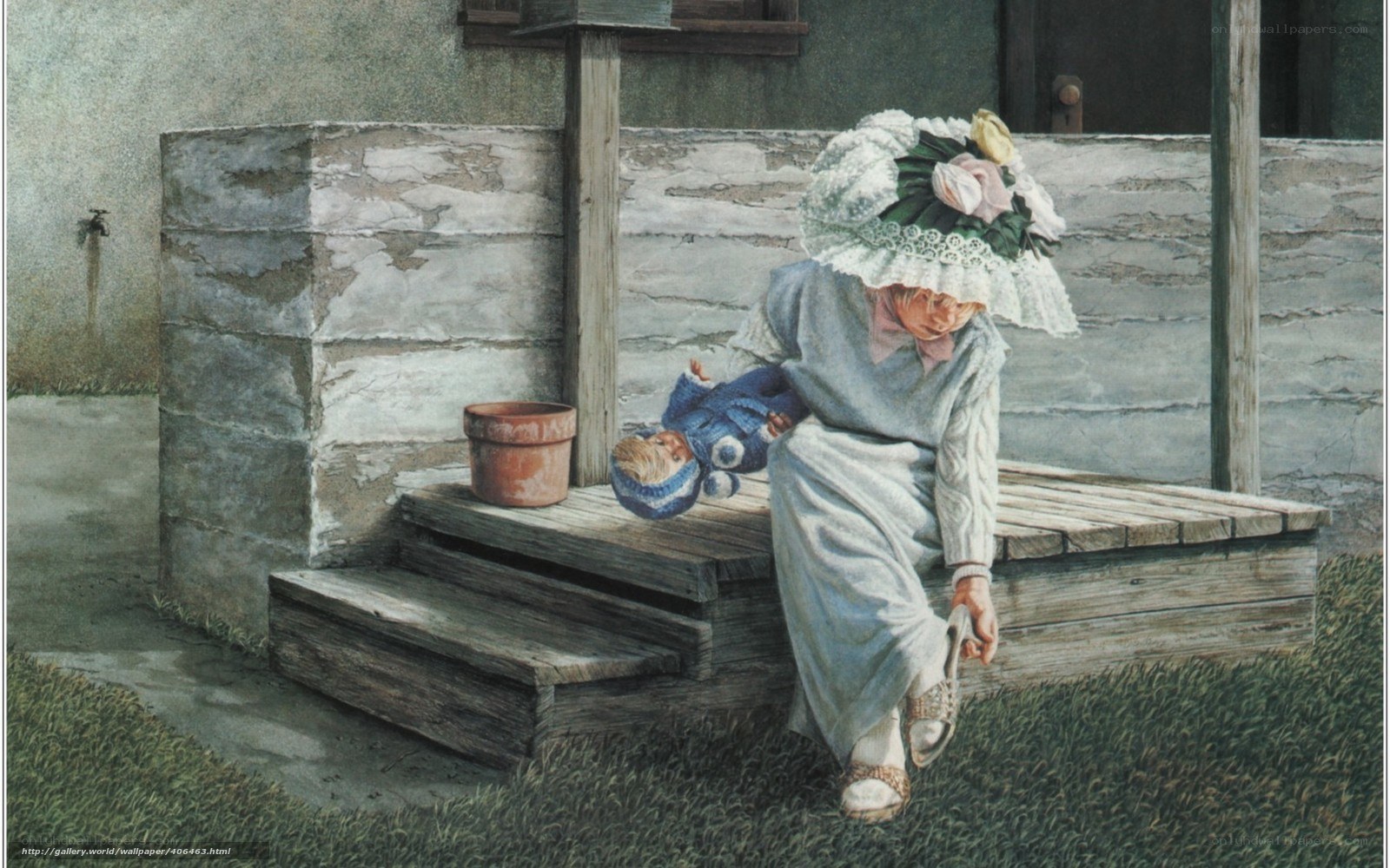 Woman with doll on porch