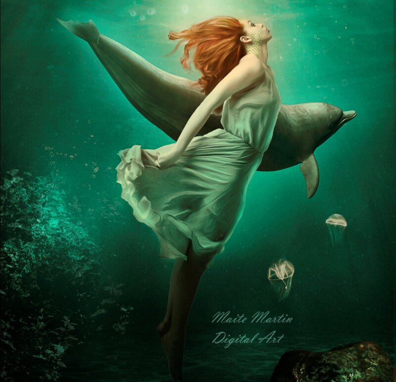 Woman with Dolphin Underwater — Teal