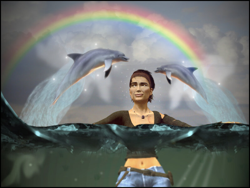 woman with dolphins and rainbow