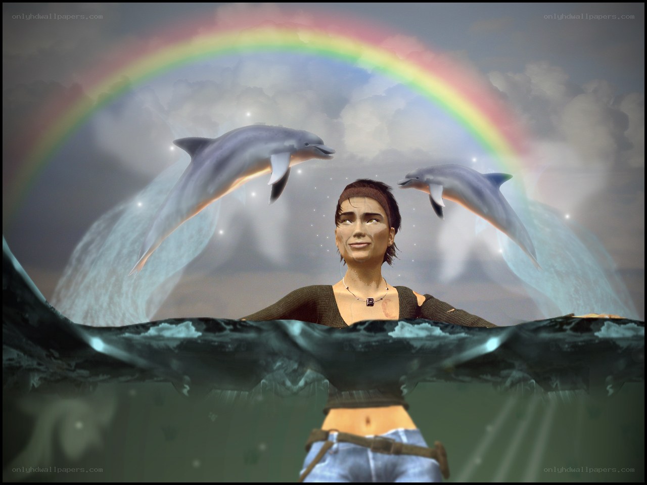 woman with dolphins and rainbow