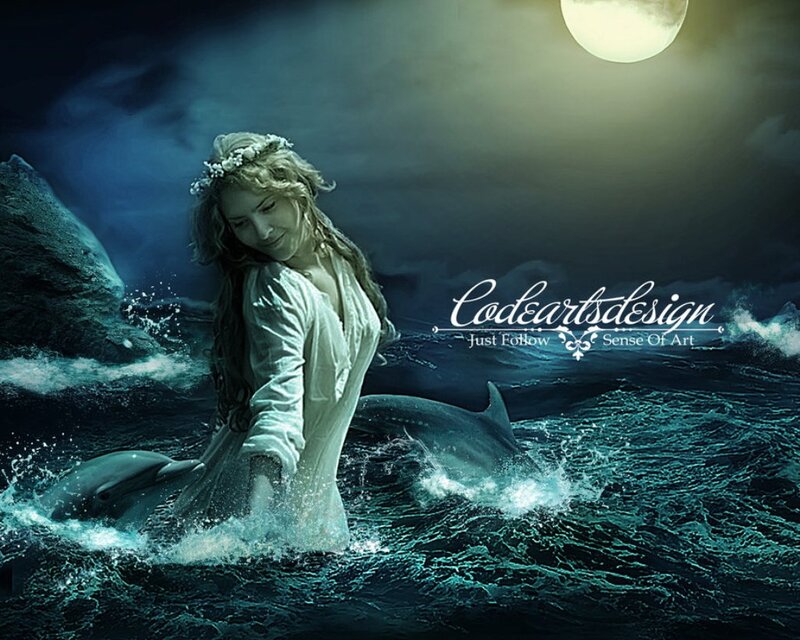 Woman with Dolphins — Blue, Dramatic