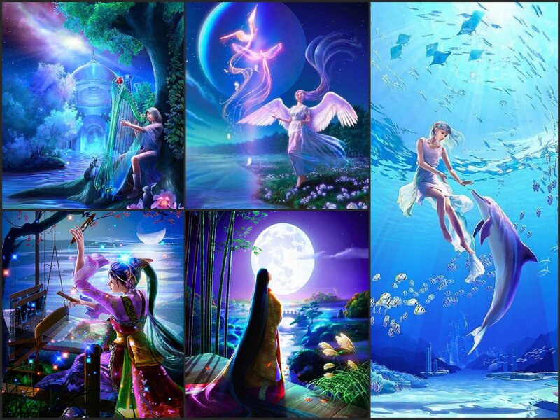 Woman with Dolphins — Blue, Serene, Night