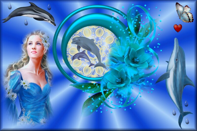 Woman with Dolphins — Blue, Serene