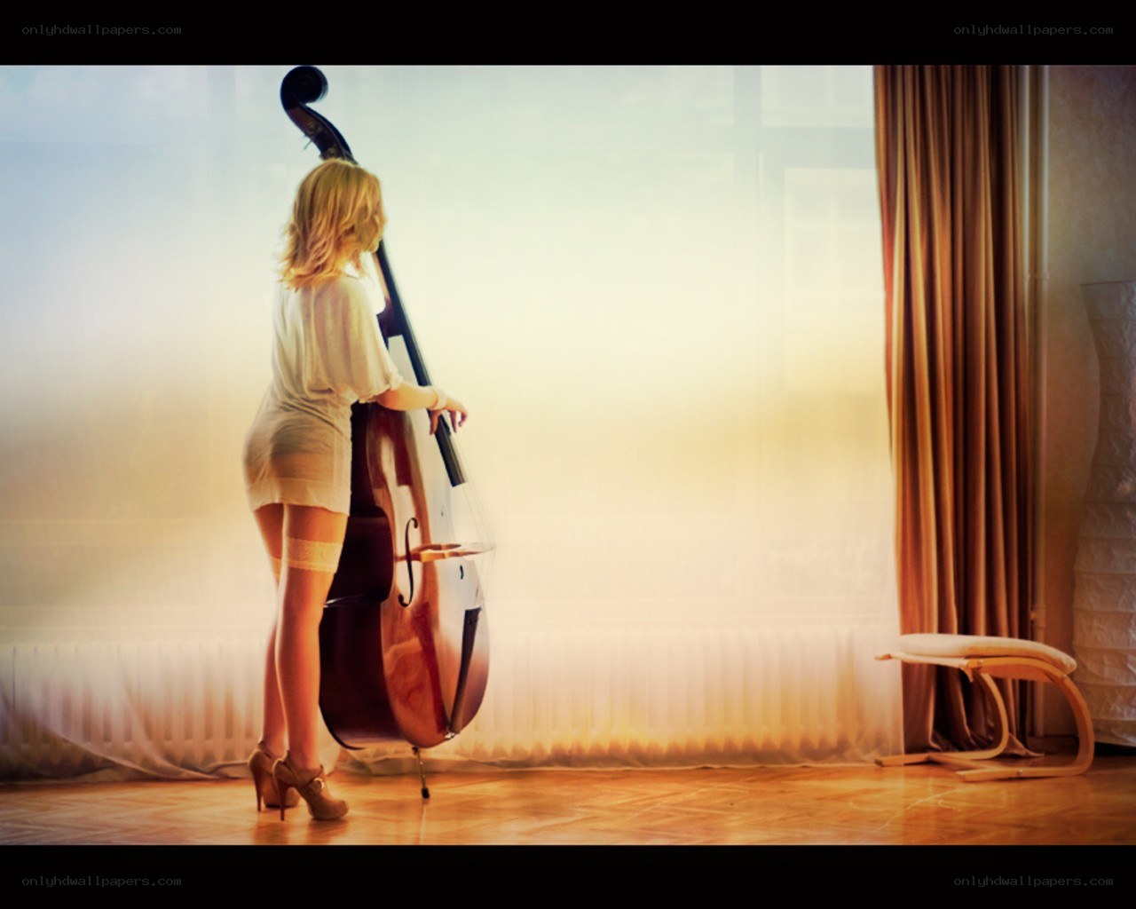 Woman with double bass by window