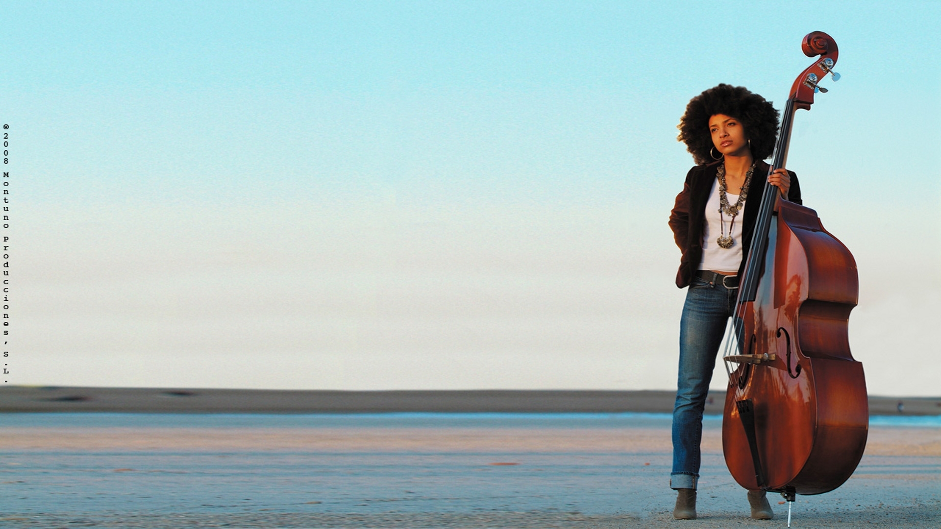 Woman with double bass on beach