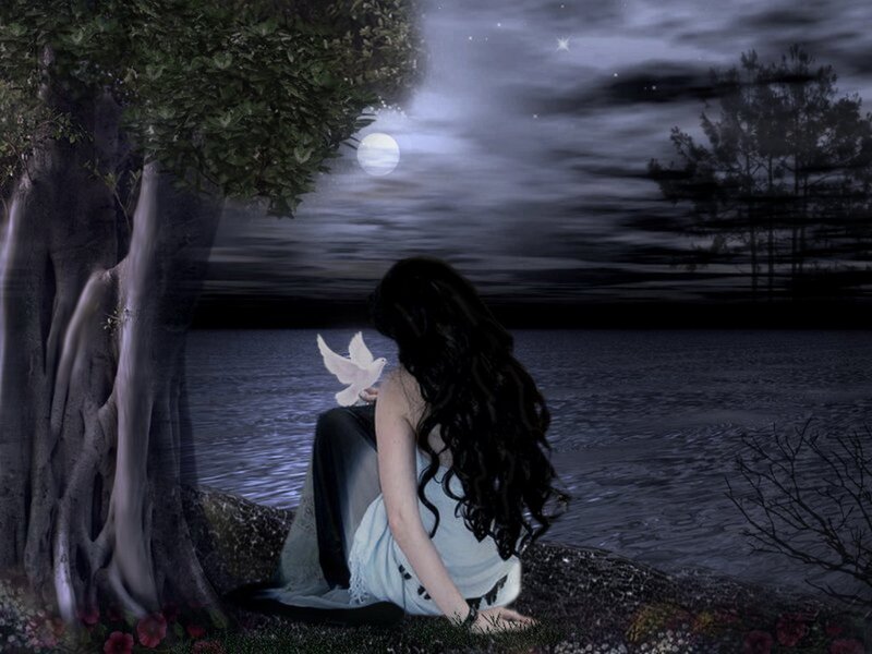 woman with dove by moonlit lake