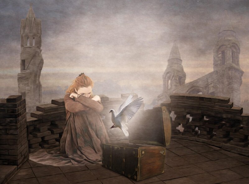 Woman with dove on ruins