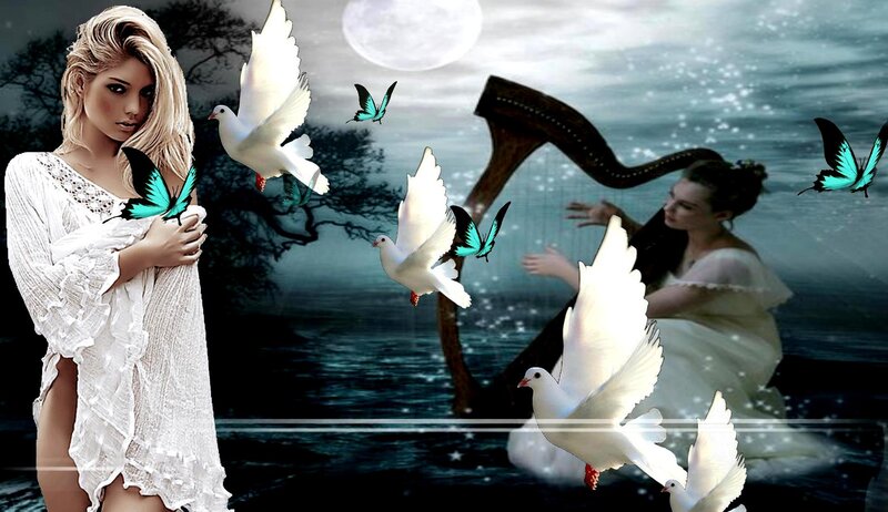 Woman with Doves and Butterflies