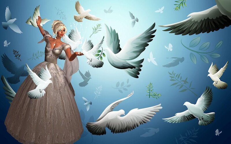 woman with doves and olive branches