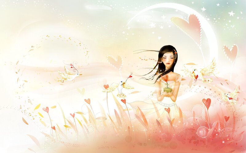 woman with doves in a dreamy field