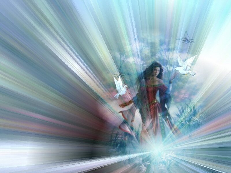 woman with doves in light beams