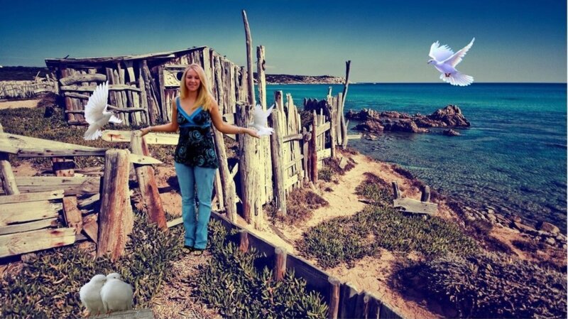 Woman with Doves on Beach