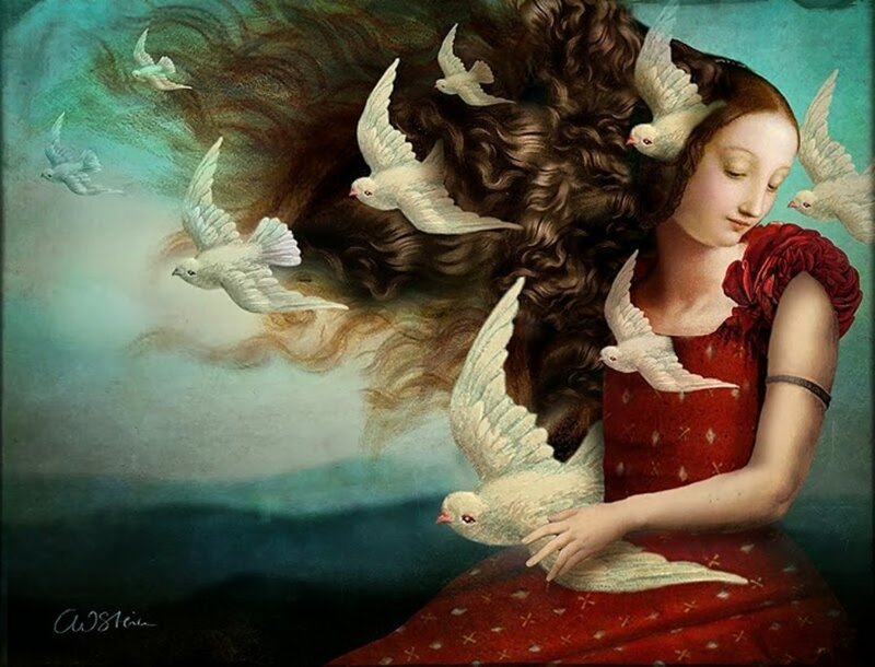 Woman with Doves — Red