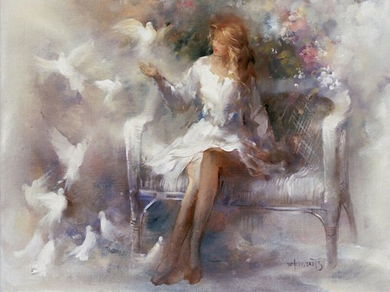 Woman with Doves — White