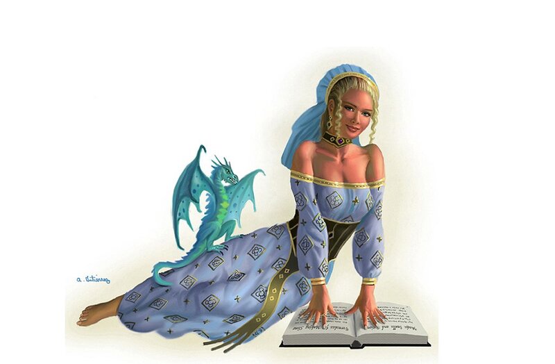 woman with dragon and book