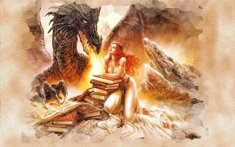 woman with dragon and books