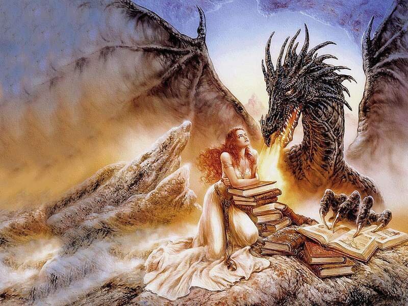 woman with dragon and books
