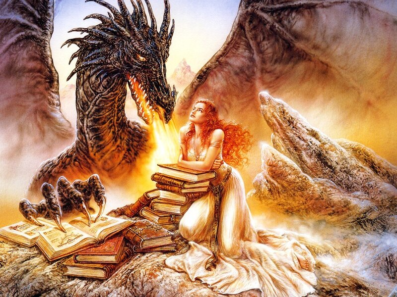 woman with dragon and books