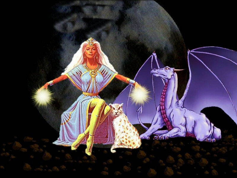 Woman with Dragon and Cat — Purple