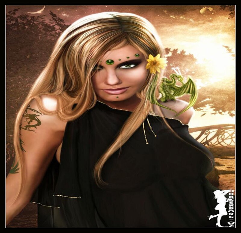 woman with dragon and flower