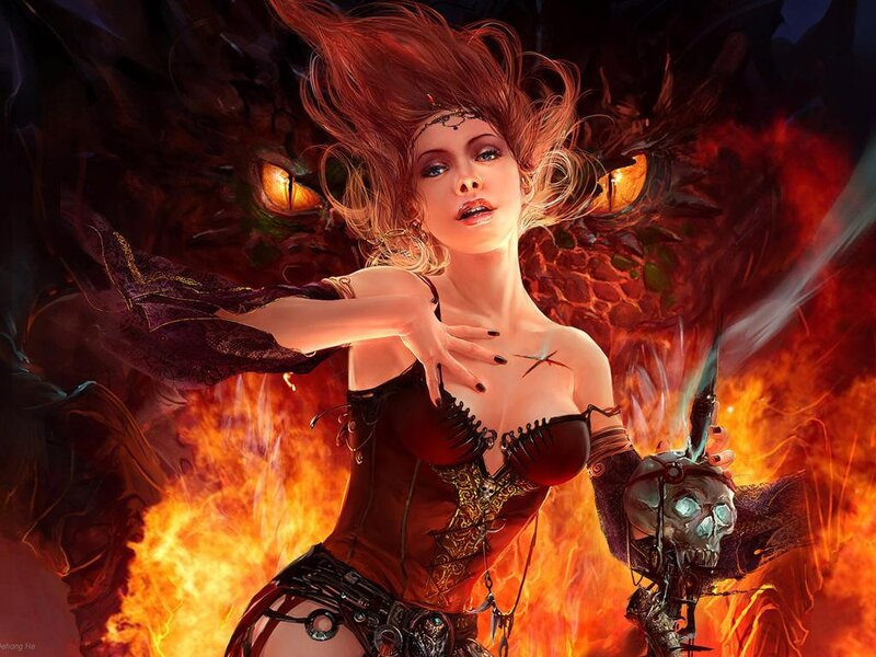 woman with dragon and skull