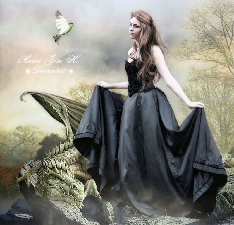 Woman with Dragon — Black, Dramatic, Digital Art, Bird