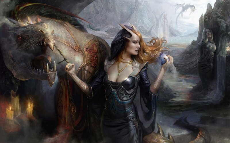 Woman with Dragon — Black, Dramatic, Digital Art, Statue