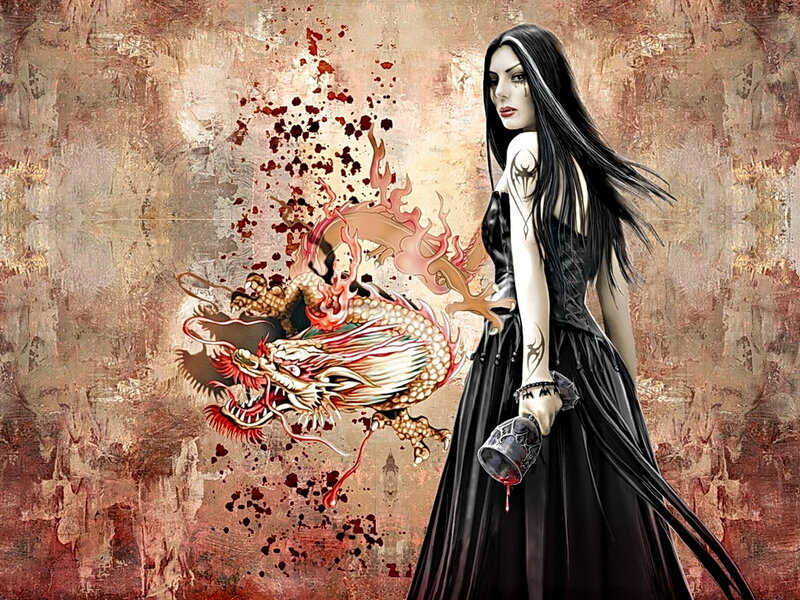 Woman with Dragon — Black, Dramatic, Digital Art, Tattoo