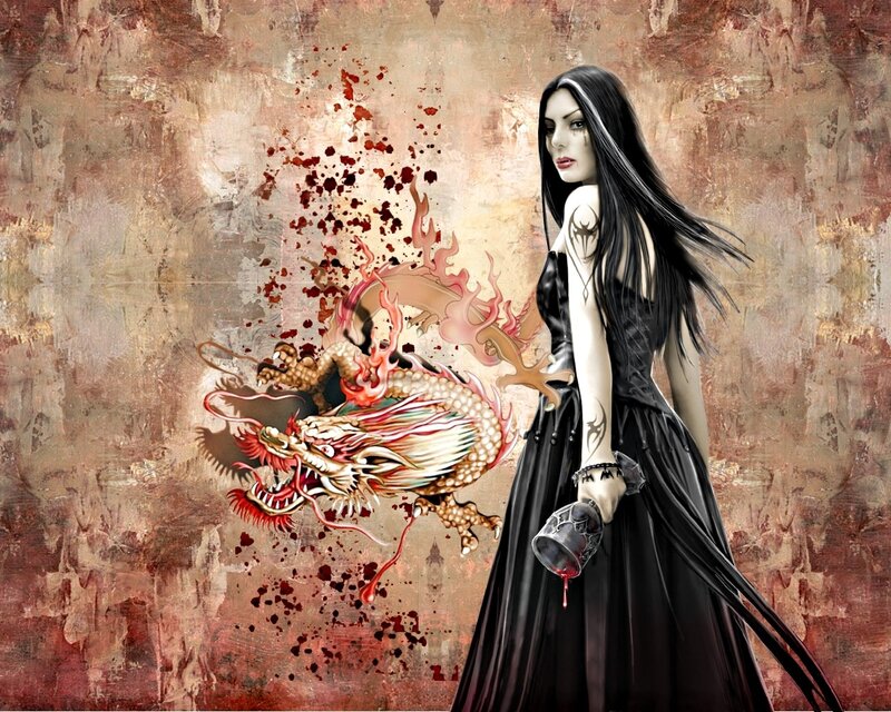 Woman with Dragon — Black, Dramatic, Digital Art