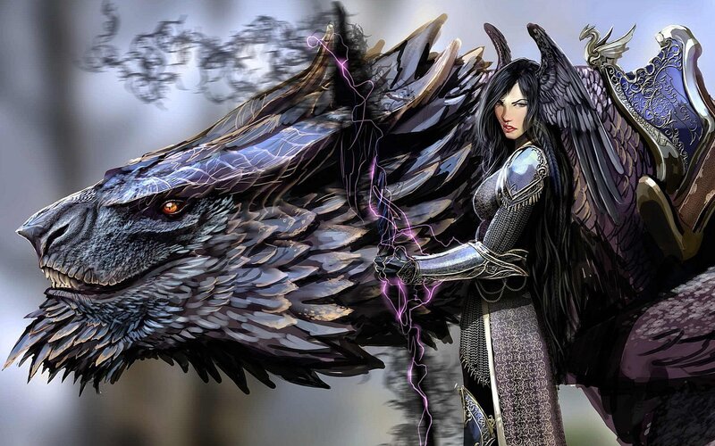 Woman with Dragon — Black, Dramatic, Digital Art, Wings, Armor