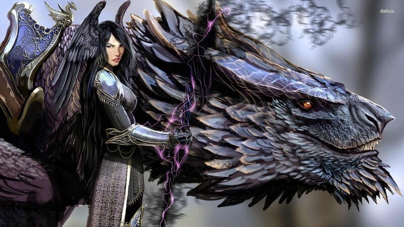 Woman with Dragon — Black, Dramatic, Digital Art, Wings