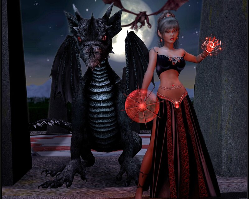 Woman with Dragon — Black, Dramatic, Night, 3d Render