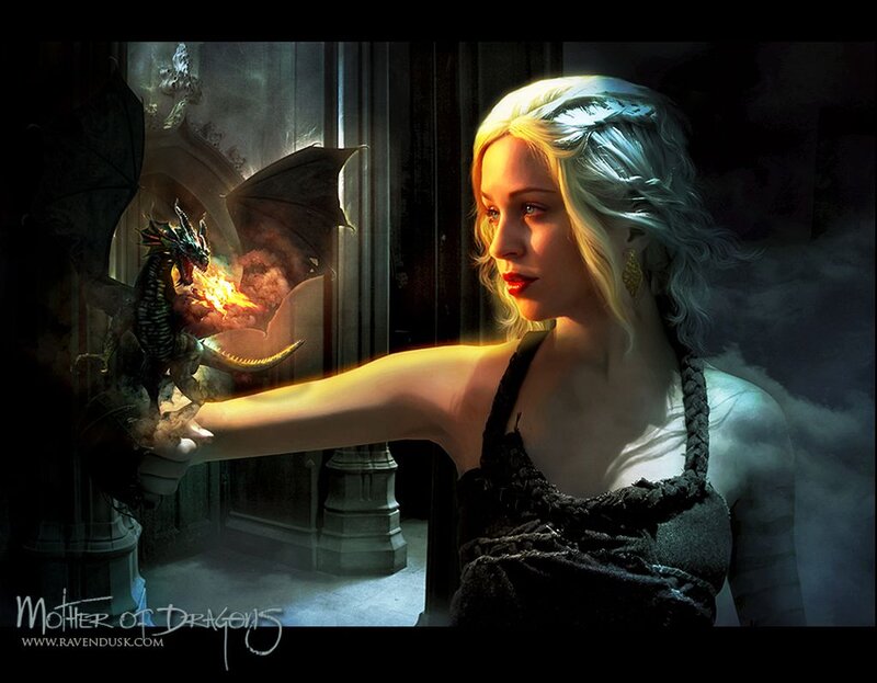 Woman with Dragon — Black, Dramatic, Night, Digital Art, Castle, Fire